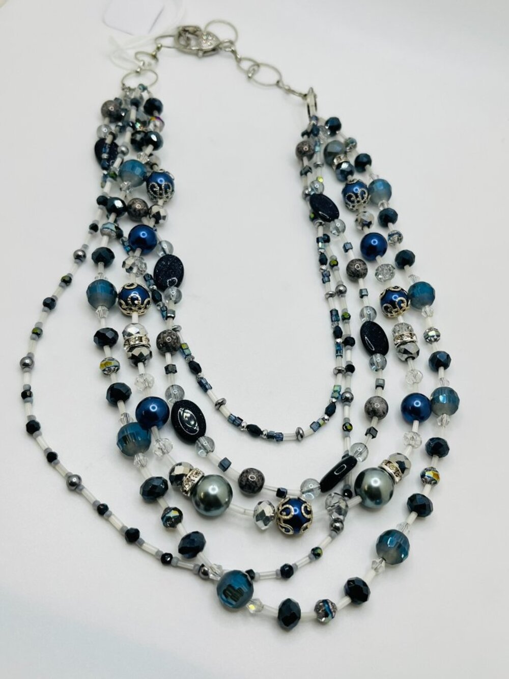 Blue White Silver Beaded 5 Strand Necklace 18" long - HANDMADE